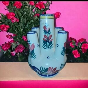 RARE Vintage Breton Henriot QUIMPER signed Finger Flower Vase